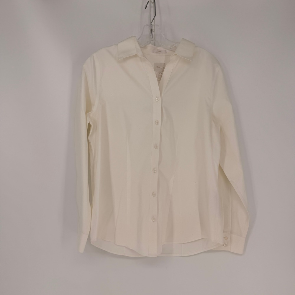 Chico's Button Down Shirt Womens Small Off-White No-Iron Cotton Office Classic